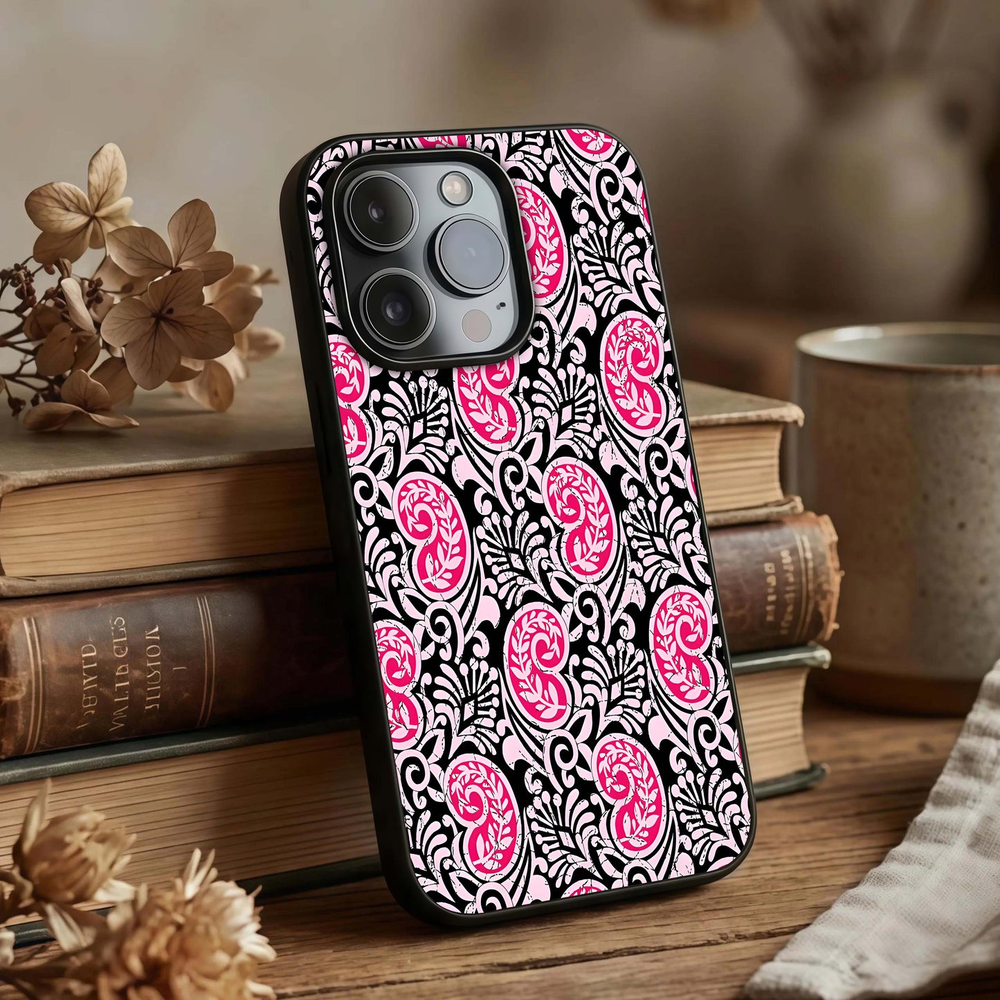 Crimson Paisley Charm Glass Case displayed upright for detailed pattern visibility and premium finish.