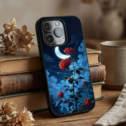 Crimson Rose Moon Glass Case displayed upright for romantic celestial visibility and premium finish.