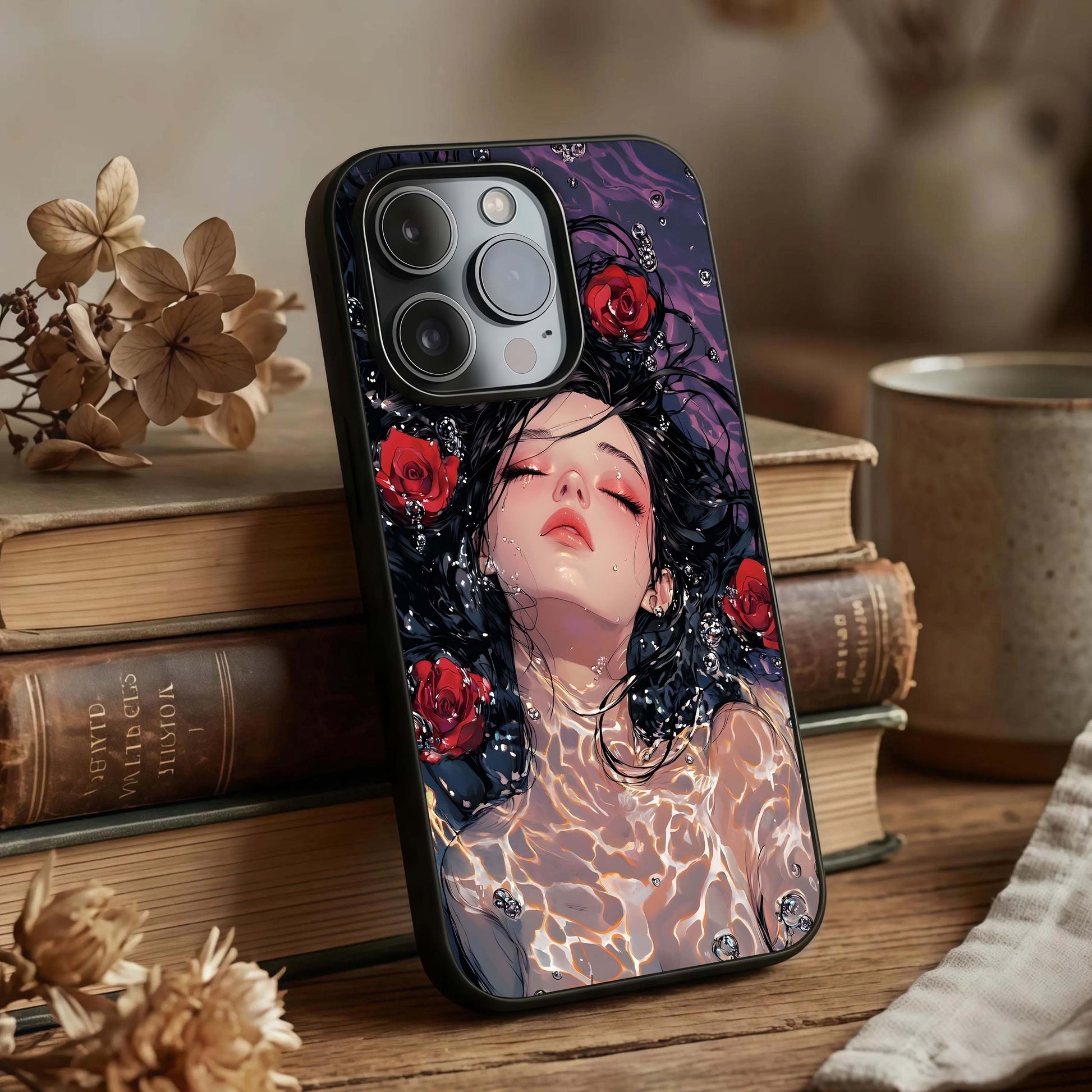 Crimson Rose Serenity Glass Case displayed upright for serene floral visibility and premium finish.