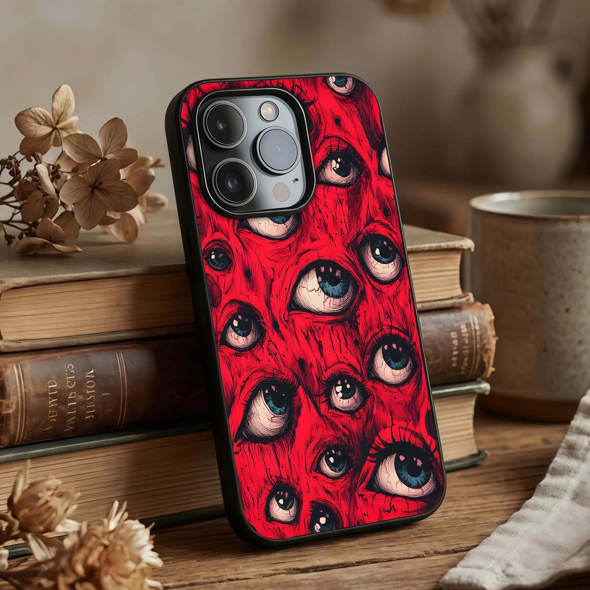 Crimson Watch Eyes Glass Case displayed upright for bold visual visibility and premium finish.