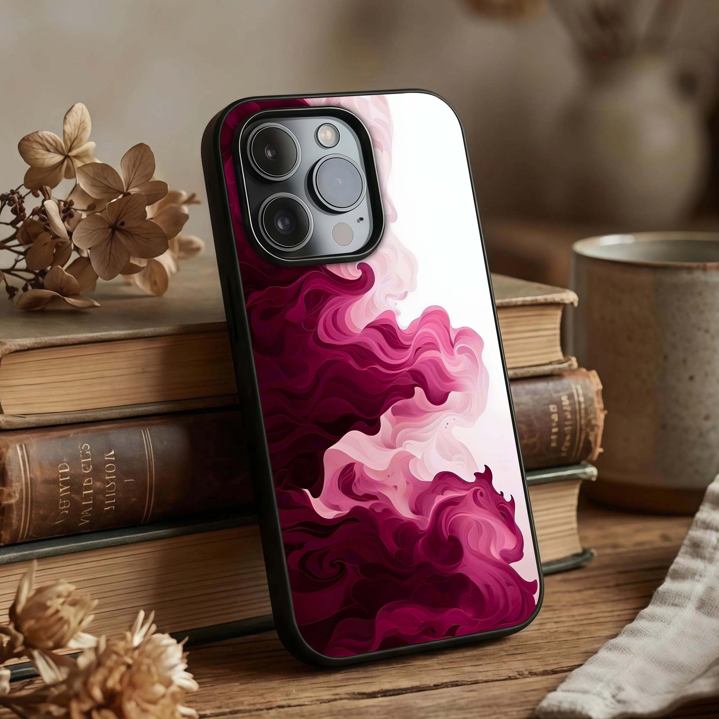 Crimson Wave Flow Glass Case displayed upright for dynamic design visibility and premium finish.