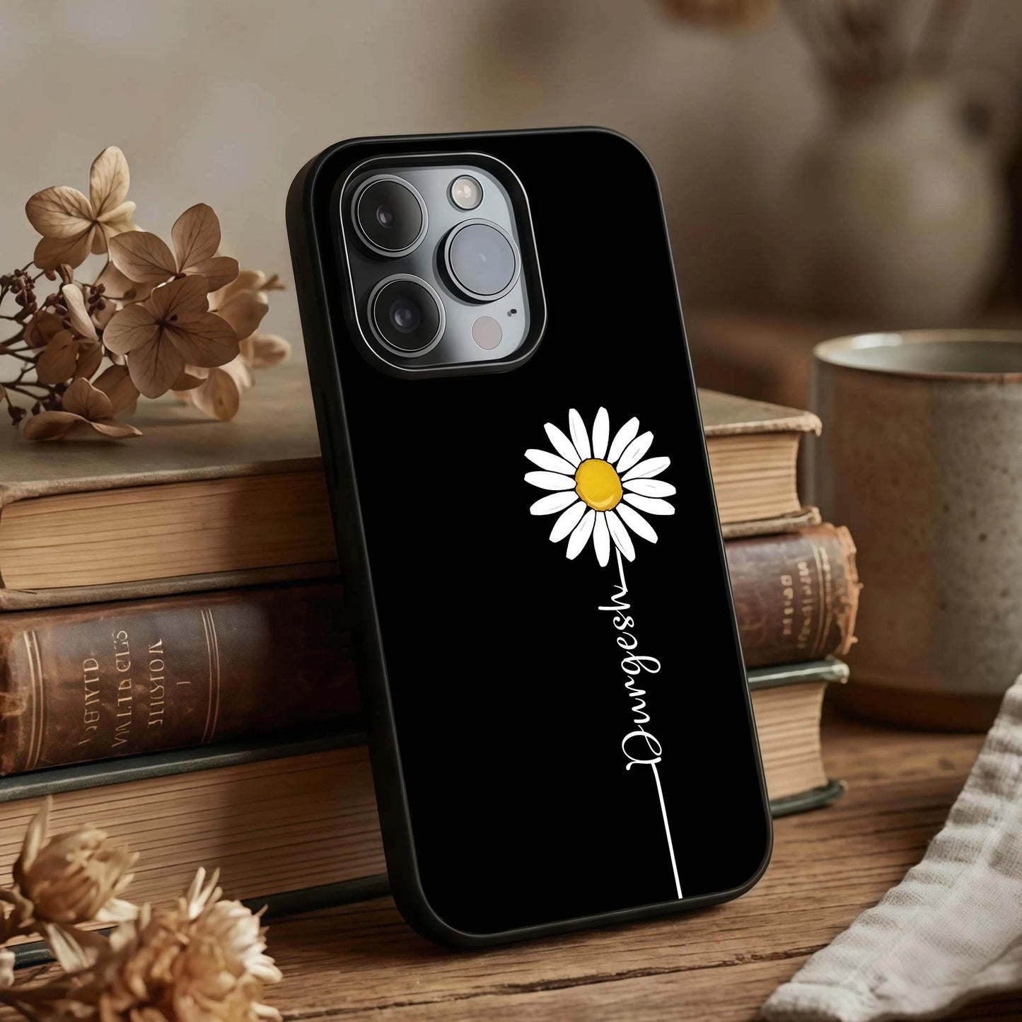 Custom Name White Flower Glass Case displayed upright for custom-name focus and premium finish.
