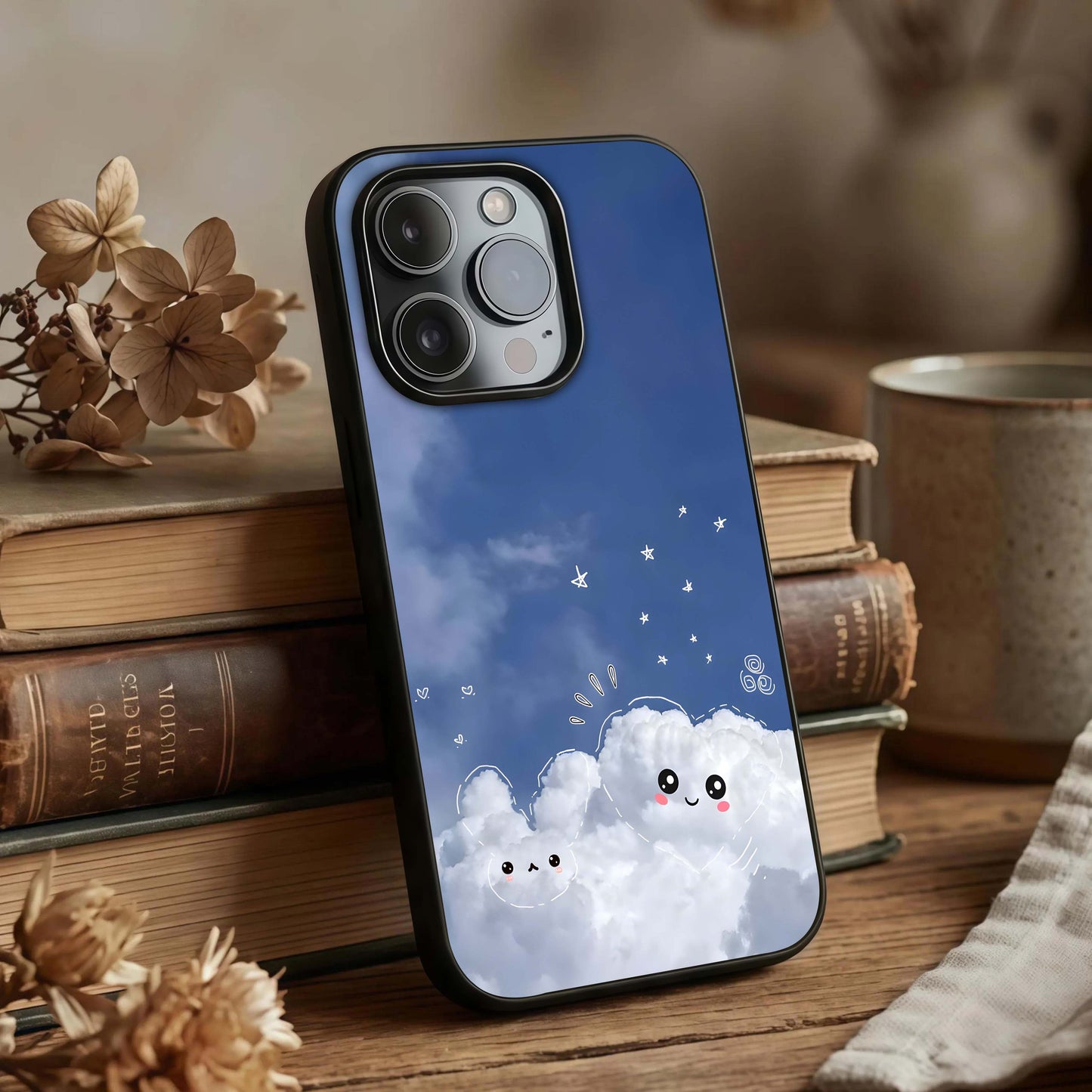 Cute Blossom Cloud Glass Case displayed upright for adorable design visibility and premium finish.