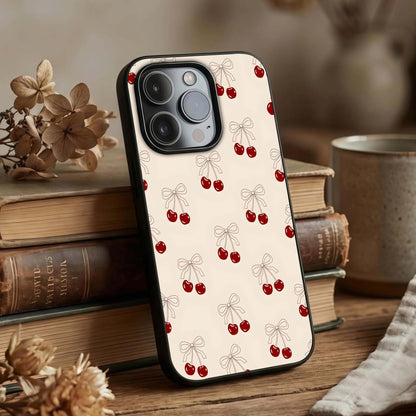 Cute Cherry Pattern Glass Case displayed upright for cheerful design visibility and premium finish.