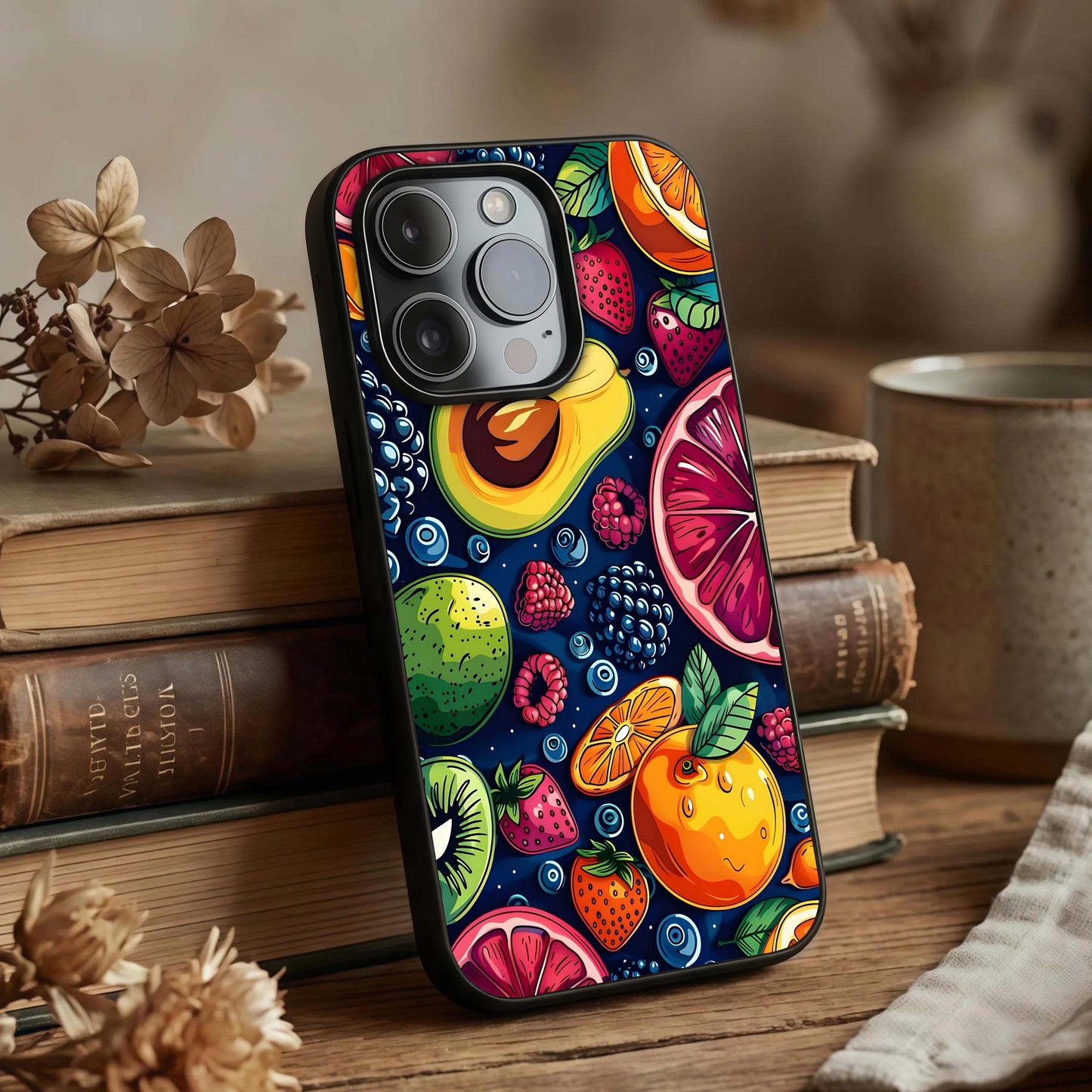 Cute Fruits Art Glass Case displayed upright for fun artwork visibility and premium finish.