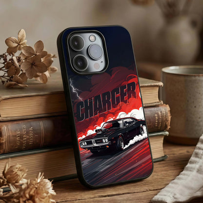 Dark Charger Fury Glass Case displayed upright for power-driven visibility and premium finish.
