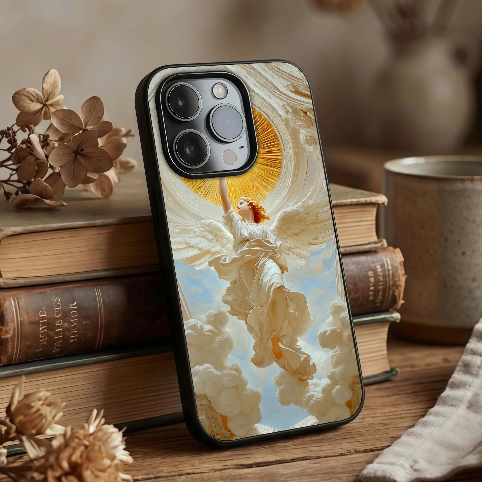 Divine Light Angel Glass Case displayed upright for calm spiritual visibility and premium finish.