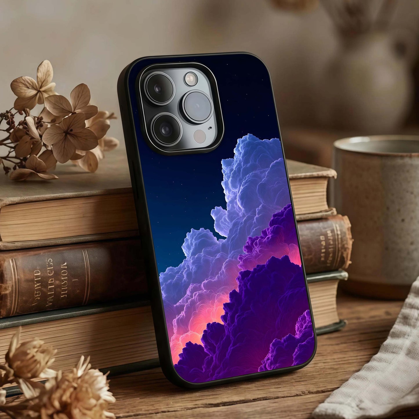 Dreamy Cloud Skies Glass Case displayed upright for calm sky visibility and premium finish.