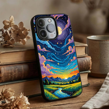 Dreamy Night Landscape Glass Case displayed upright for tranquil visibility and premium finish.