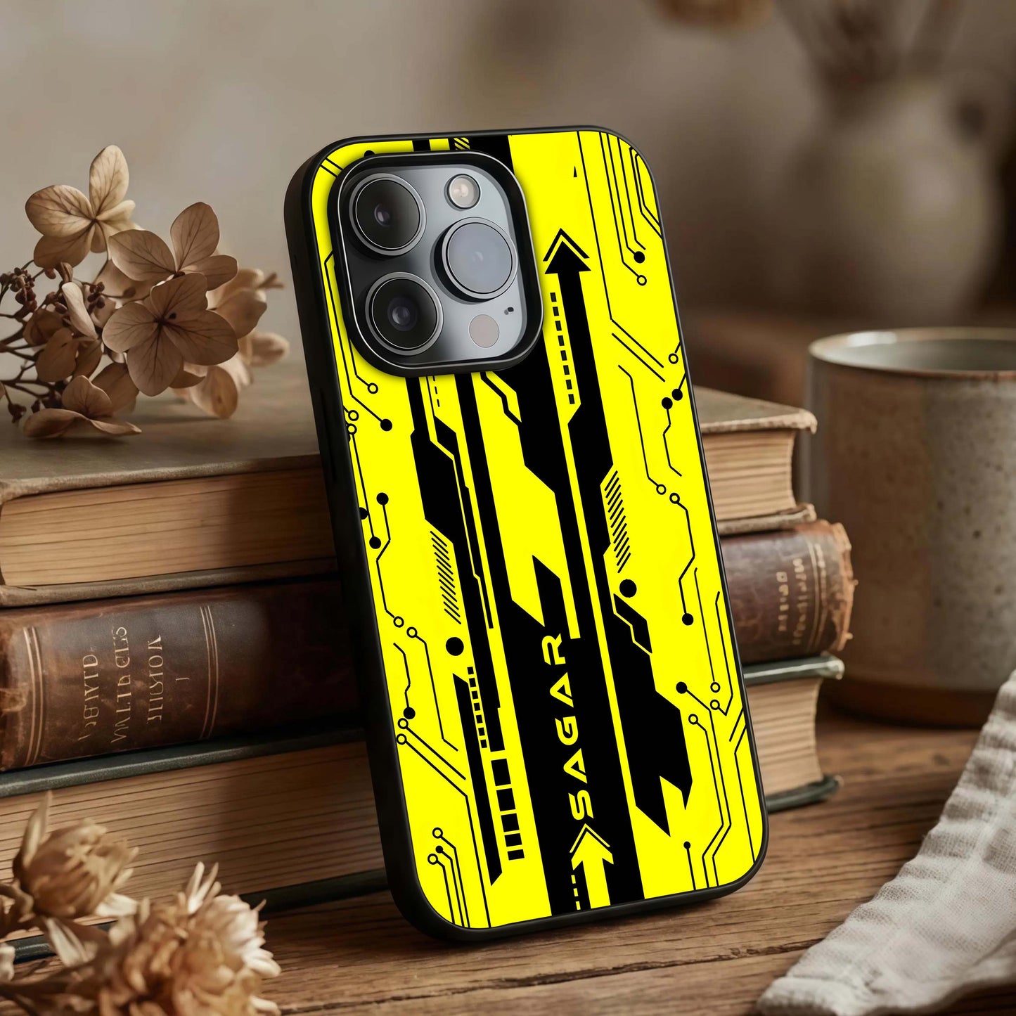 Electric Pulse Cyberpunk Custom Name Glass Case displayed upright for custom-name focus and premium finish.