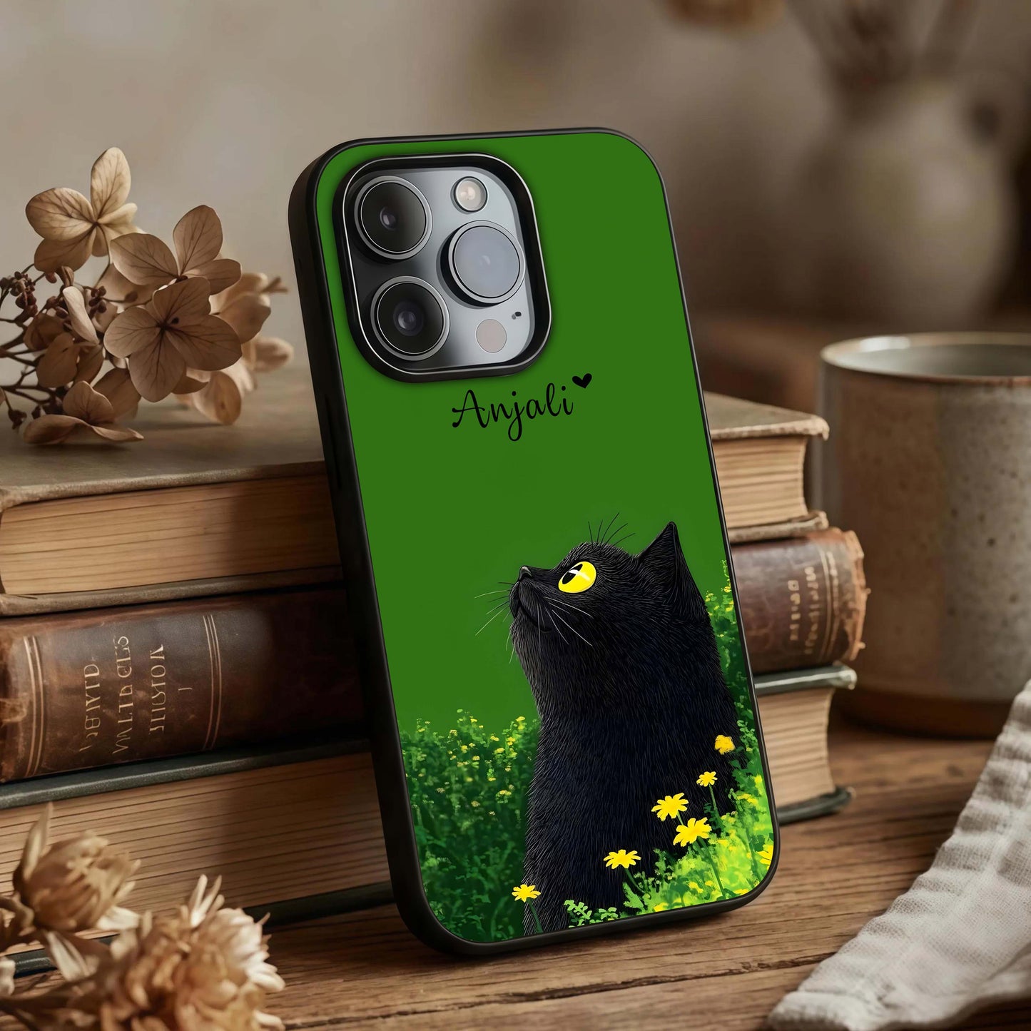 Emerald Cat Custom Name Glass Case displayed upright for custom-name focus and premium finish.