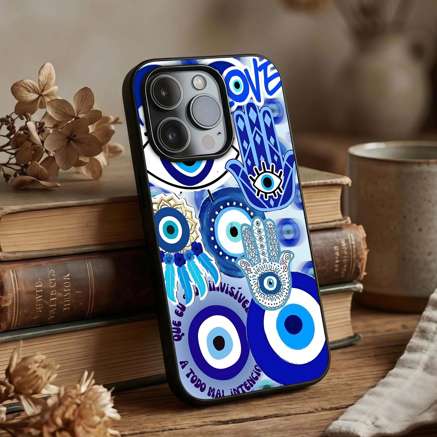 Evil Eyes Dream Glass Case displayed upright for striking design visibility and premium finish.