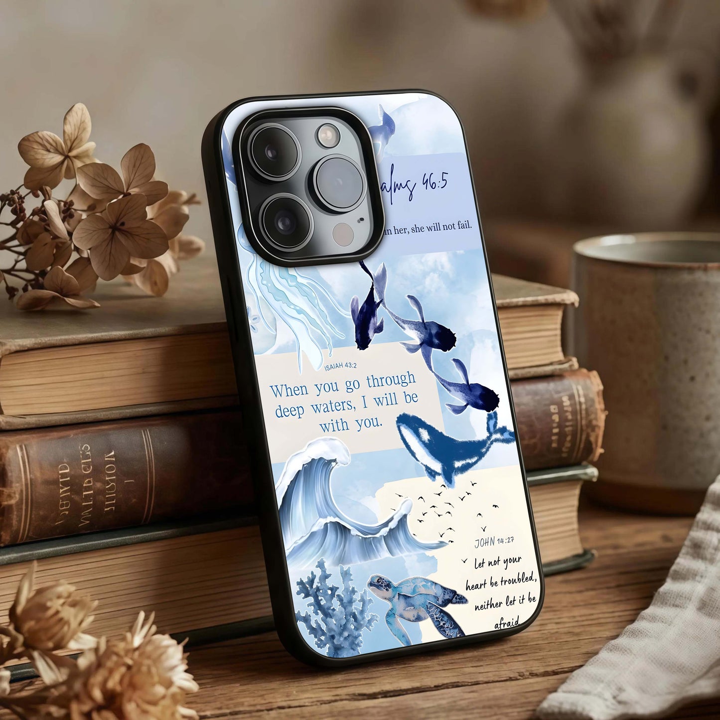 Faithful Ocean Promise Glass Case displayed upright for serene design visibility and premium finish.