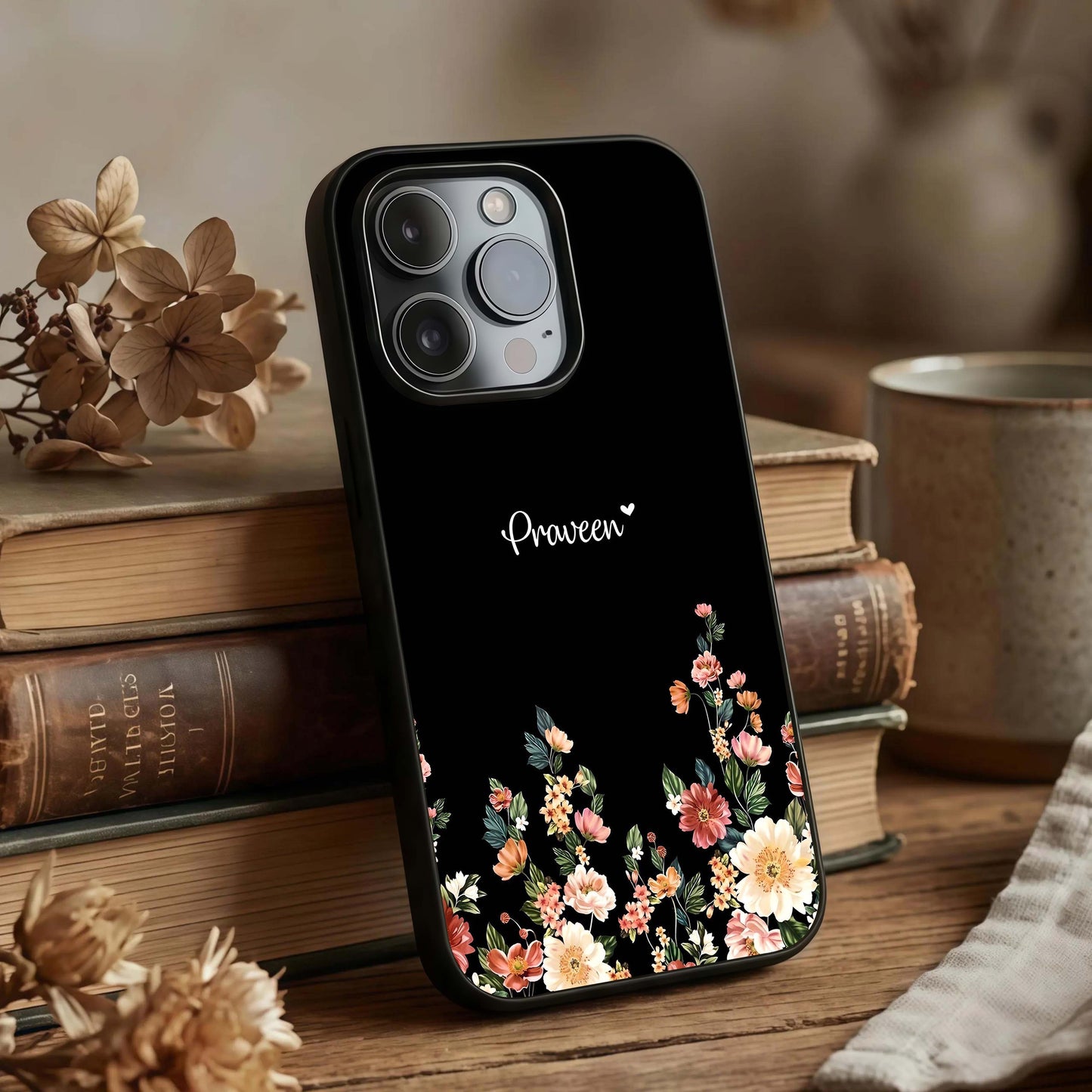 Floral Design Personalized Custom Name Glass Case displayed upright for custom-name focus and premium finish.
