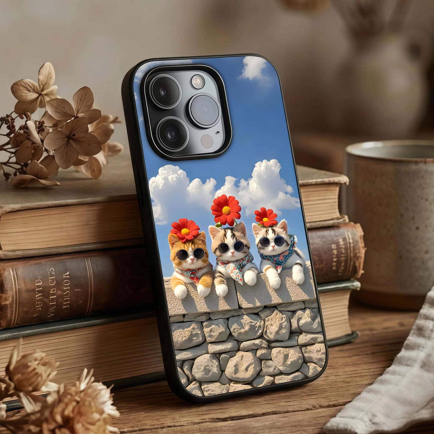Floral Kitty Squad Glass Case displayed upright for adorable design visibility and premium finish.