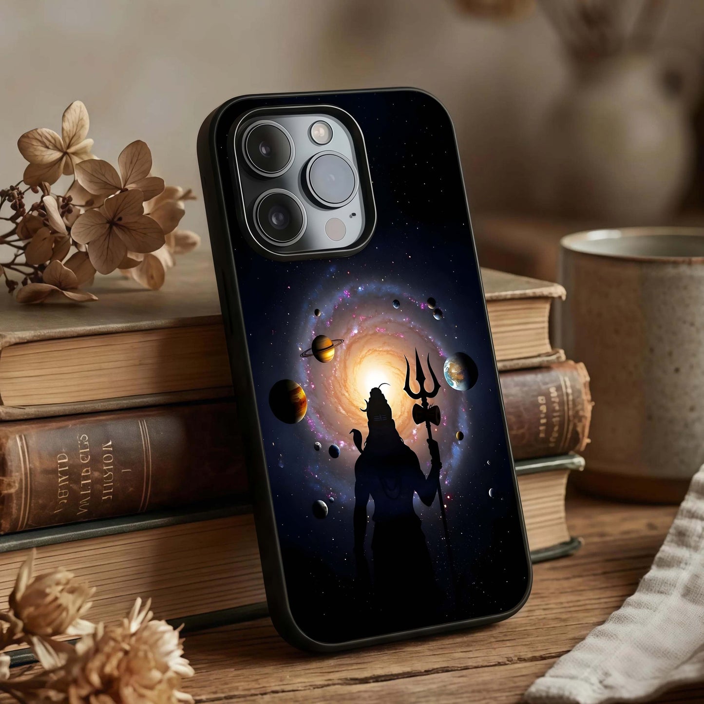 Galactic Shiva Vision Glass Case displayed upright for spiritual cosmic visibility and premium finish.