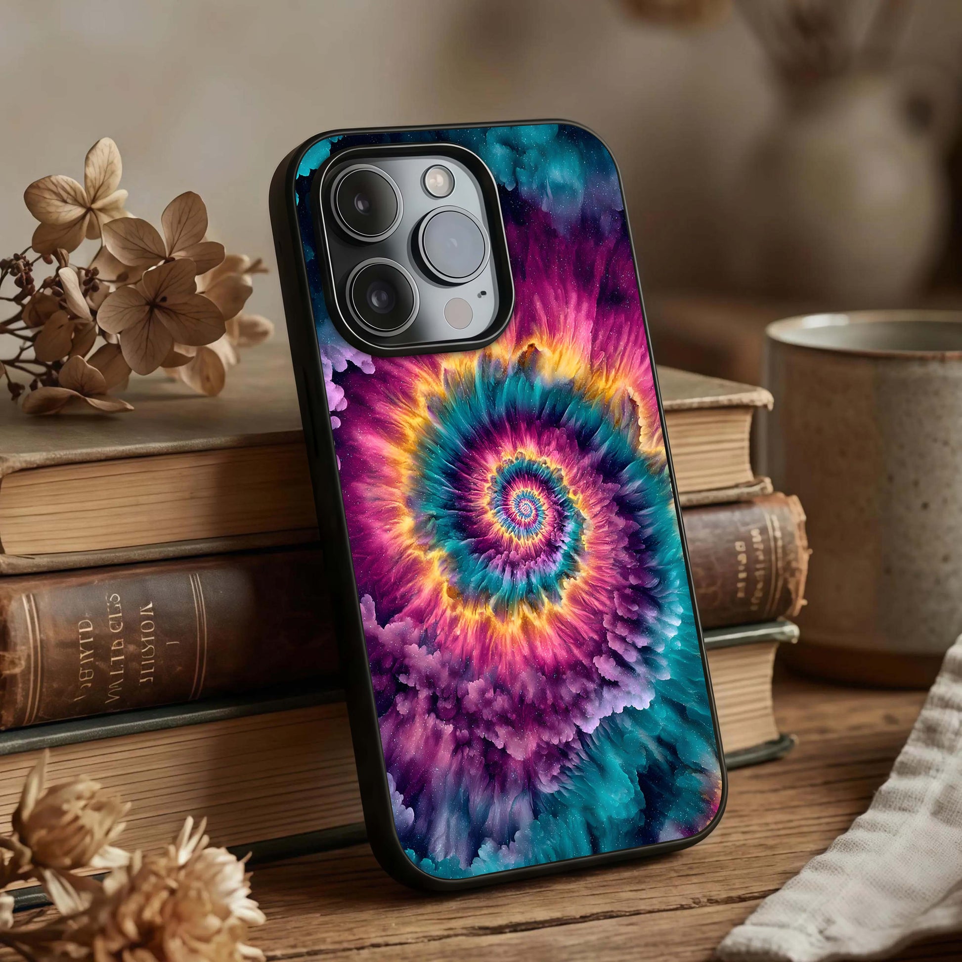 Galactic Spiral Burst Glass Case displayed upright for dynamic cosmic visibility and premium finish.