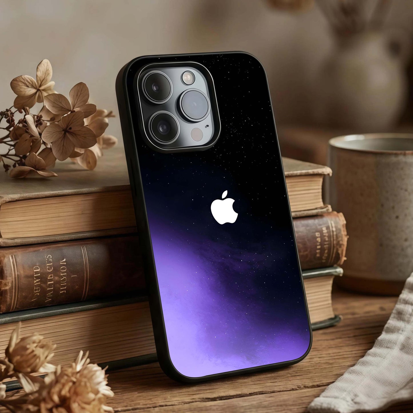 Galaxy Apple Aura Glass Case displayed upright for bold cosmic visibility and premium finish.
