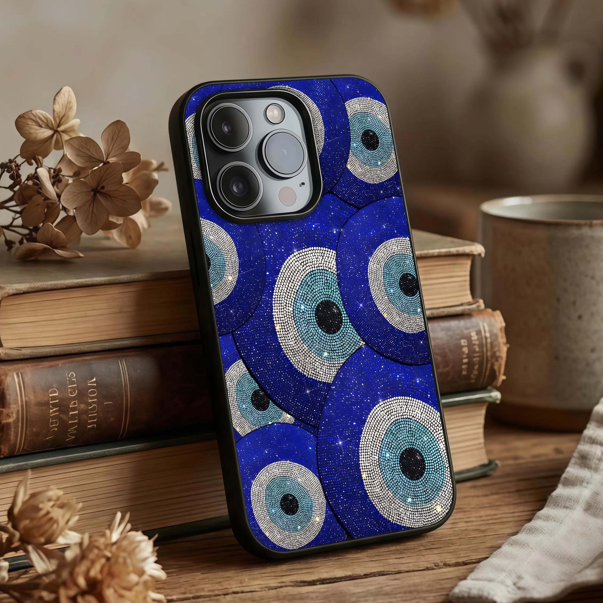 Galaxy Eye Flow Glass Case displayed upright for striking design visibility and premium finish.
