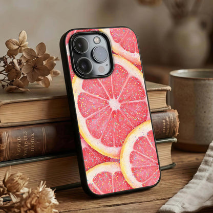 Glitter Grapefruit Glass Case displayed upright for bright design visibility and premium finish.