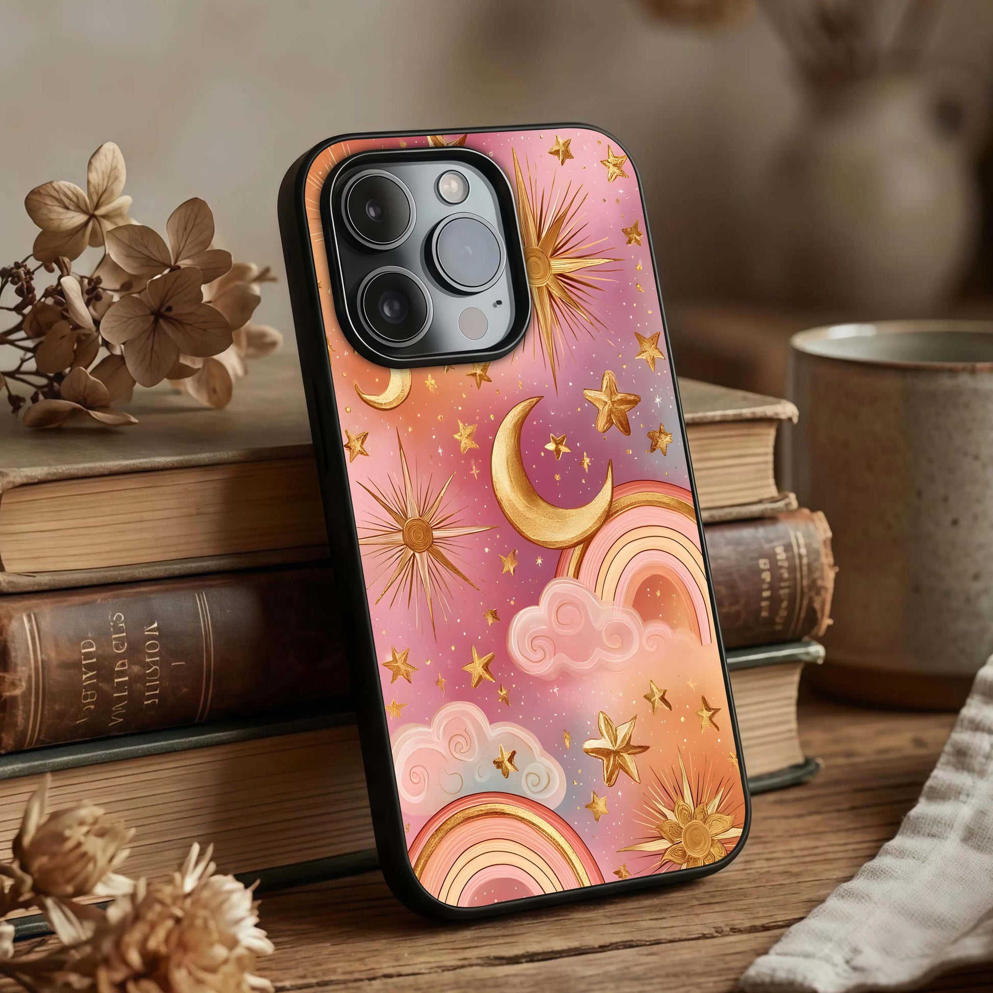 Golden Celestial Dreams Glass Case displayed upright for dreamy celestial visibility and premium finish.