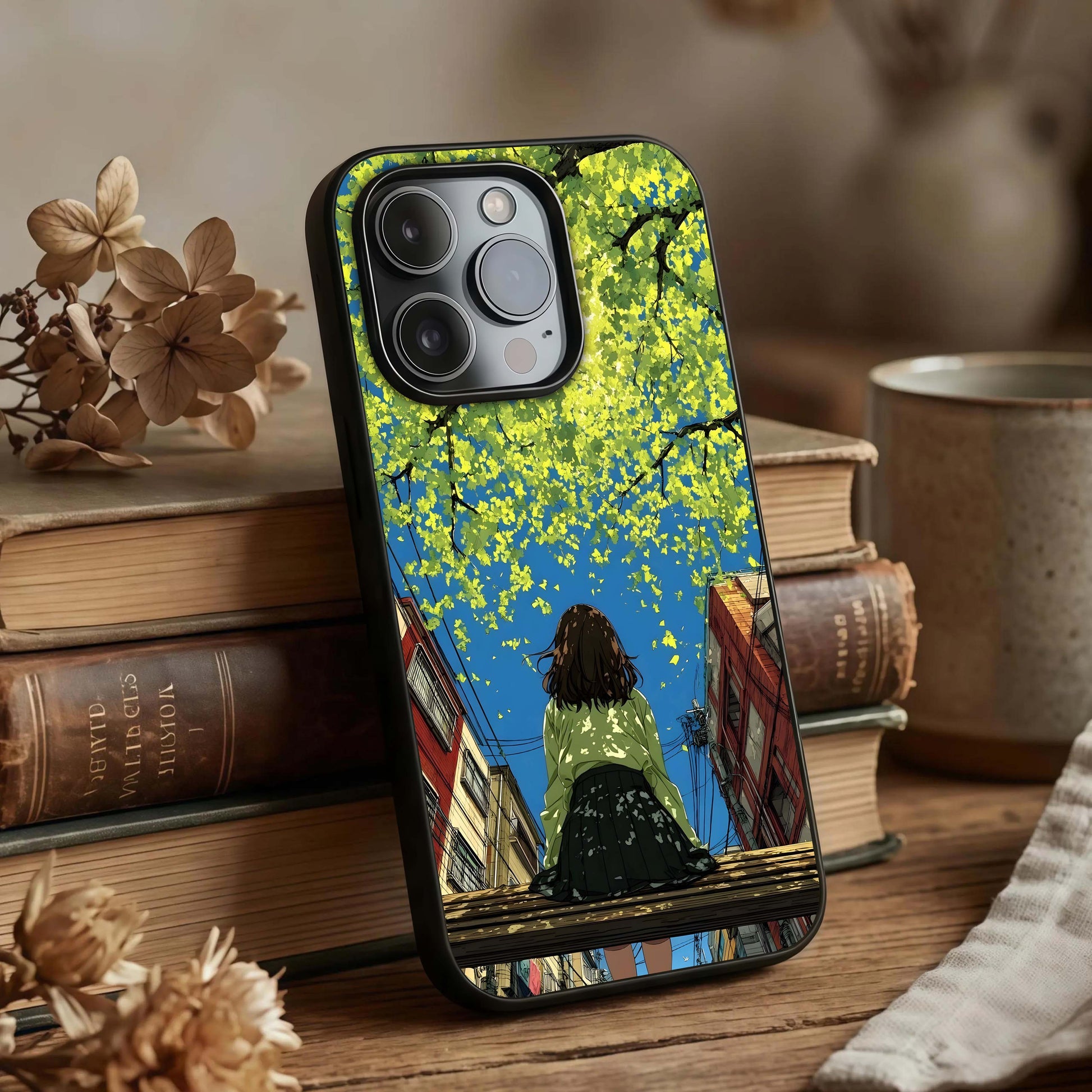 Golden Leaves Glow Glass Case displayed upright for botanical visibility and premium finish.