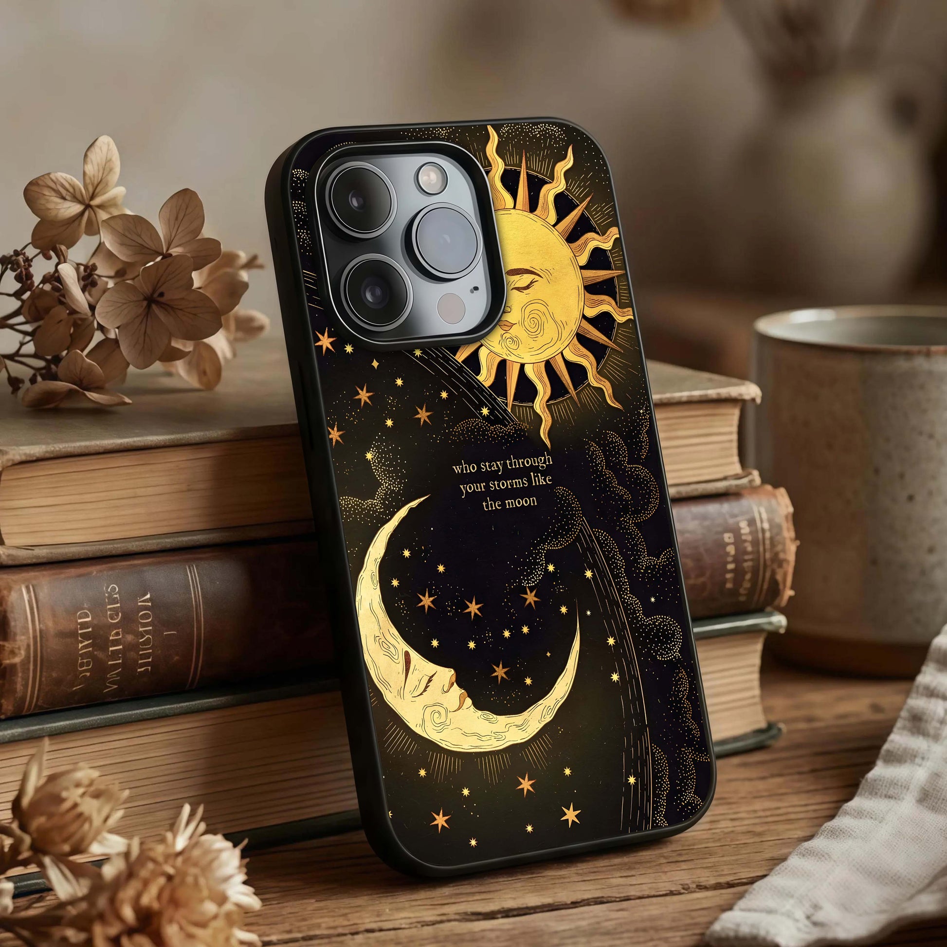 Golden Lunar Love Glass Case displayed upright for romantic celestial visibility and premium finish.