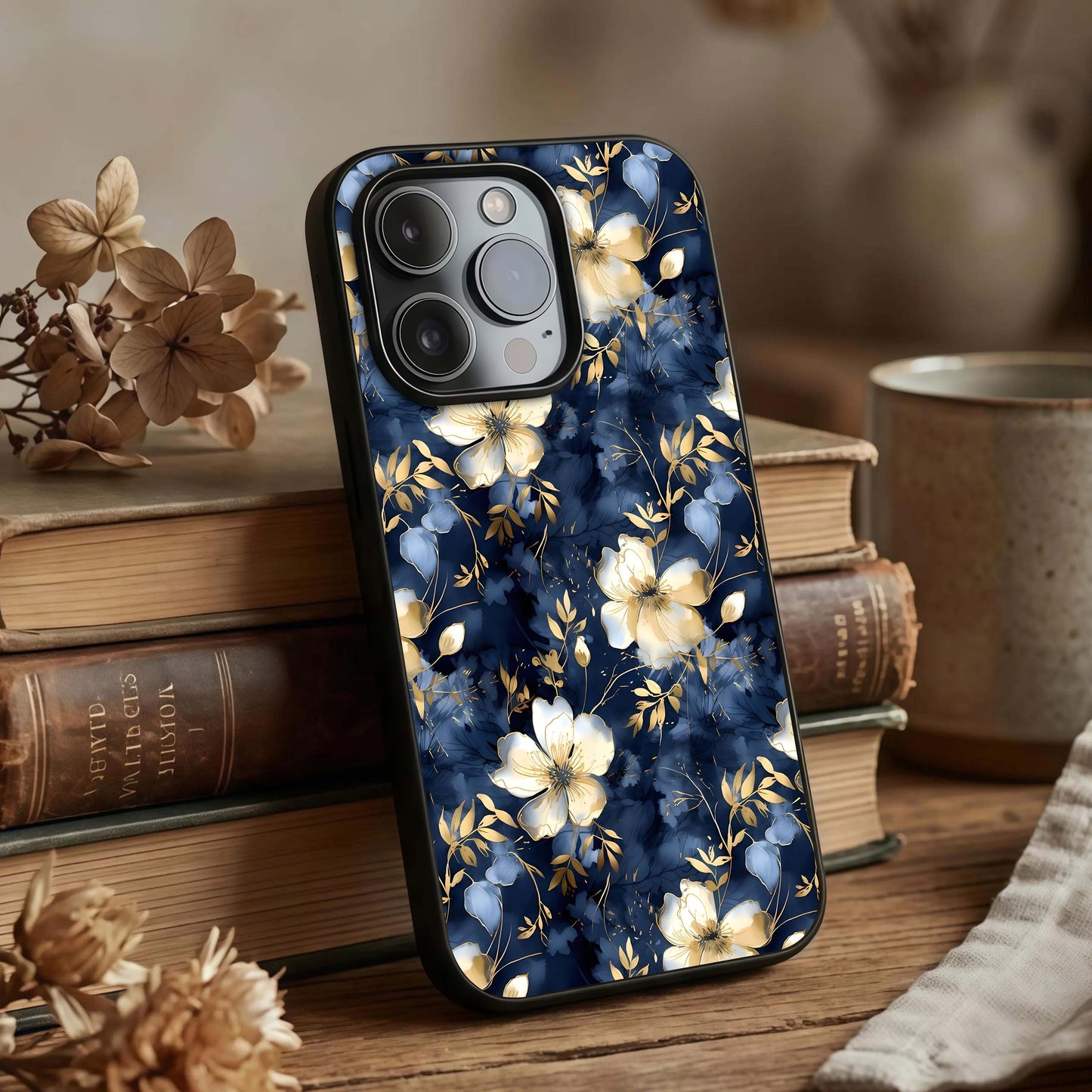 Golden Midnight Bloom Glass Case displayed upright for moody floral visibility and premium finish.