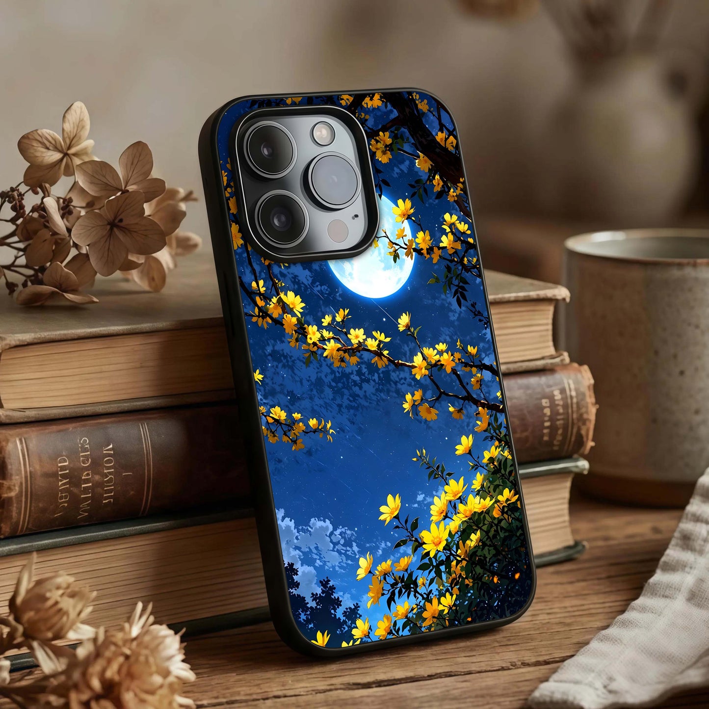 Golden Night Glow Glass Case displayed upright for atmospheric visibility and premium finish.