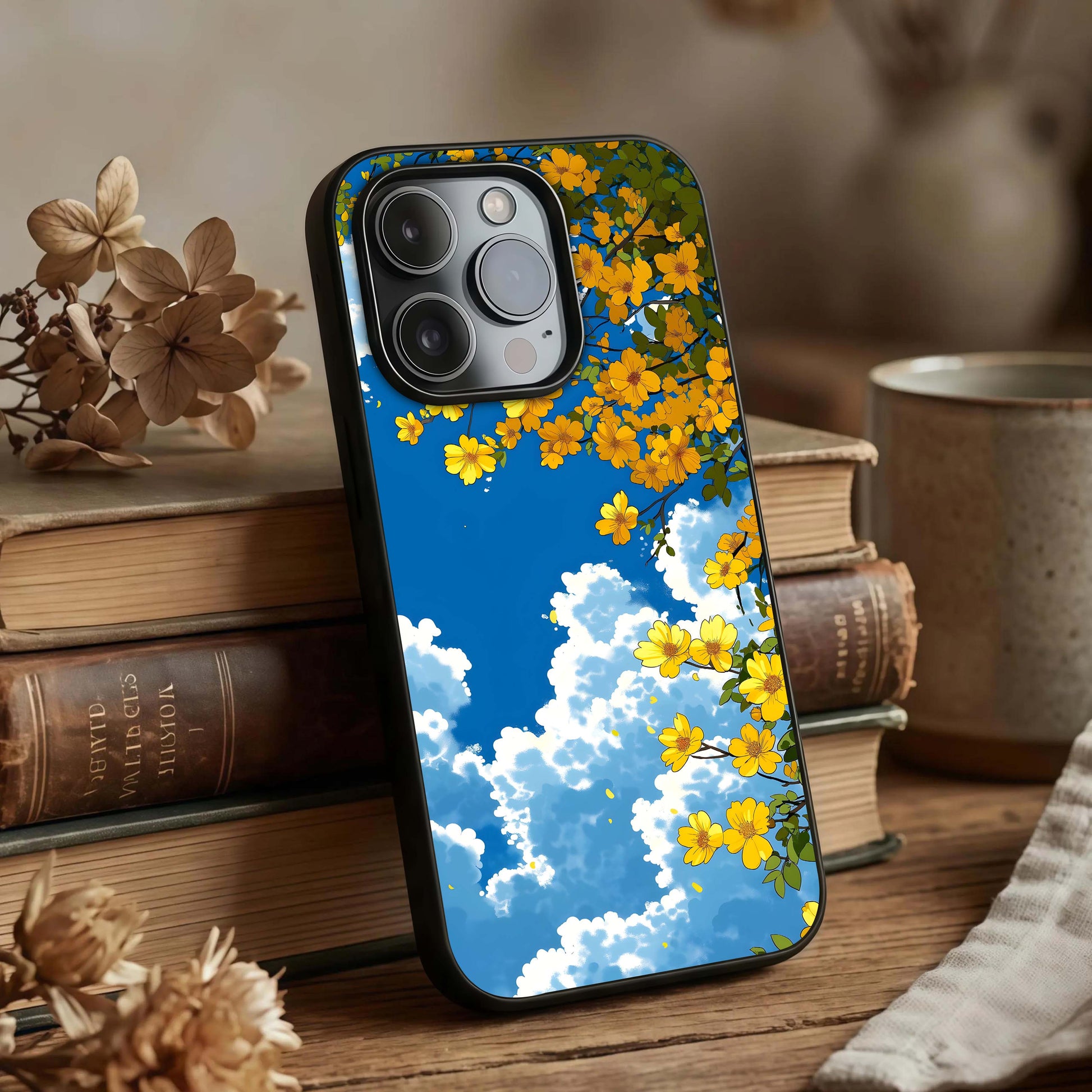 Golden Petal Sky Glass Case displayed upright for elegant floral visibility and premium finish.