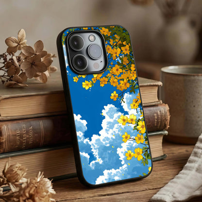 Golden Petal Sky Glass Case displayed upright for elegant floral visibility and premium finish.
