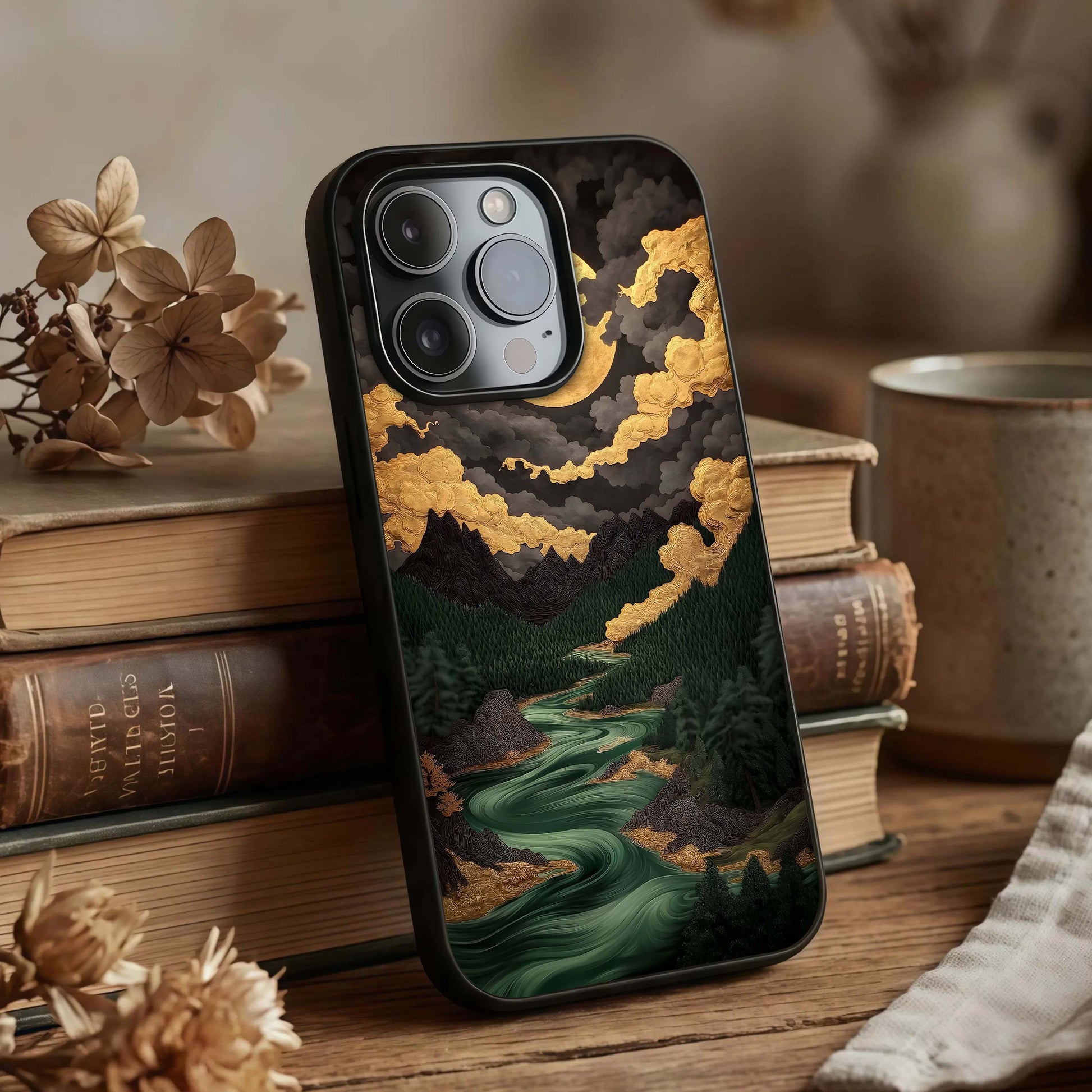 Golden River Moon Glass Case displayed upright for serene landscape visibility and premium finish.