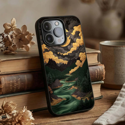 Golden River Moon Glass Case displayed upright for serene landscape visibility and premium finish.
