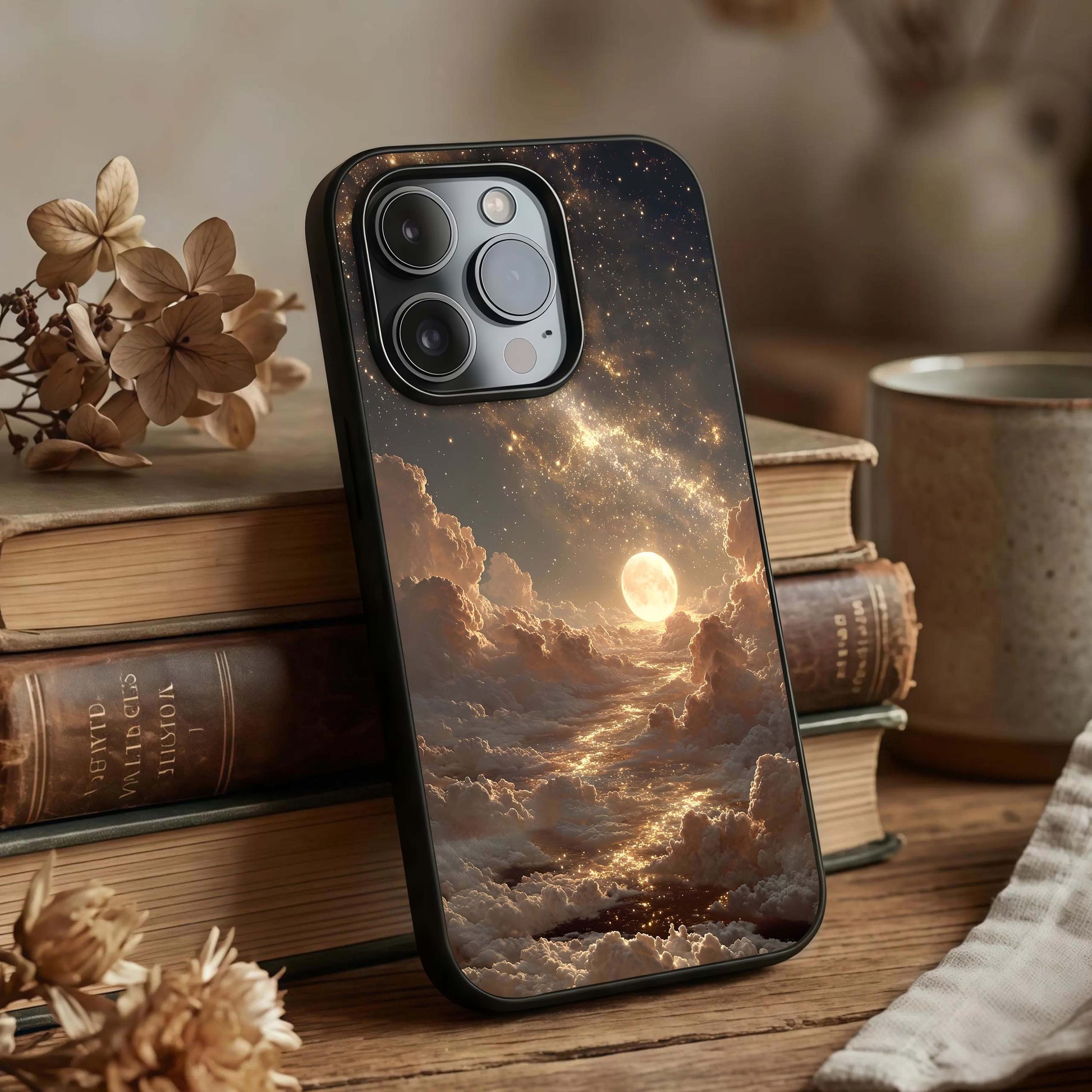 Golden Sky Dream Glass Case displayed upright for dreamy sky visibility and premium finish.
