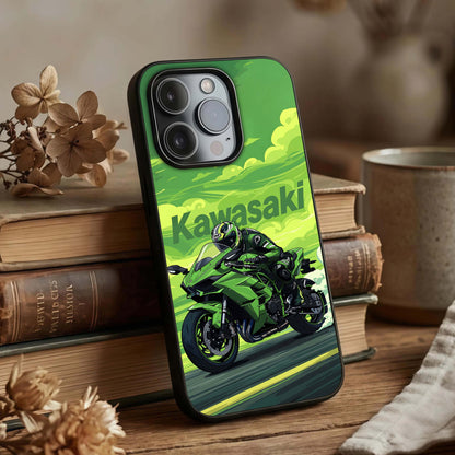 Green Kawasaki Glass Case displayed upright for aggressive design visibility and premium finish.