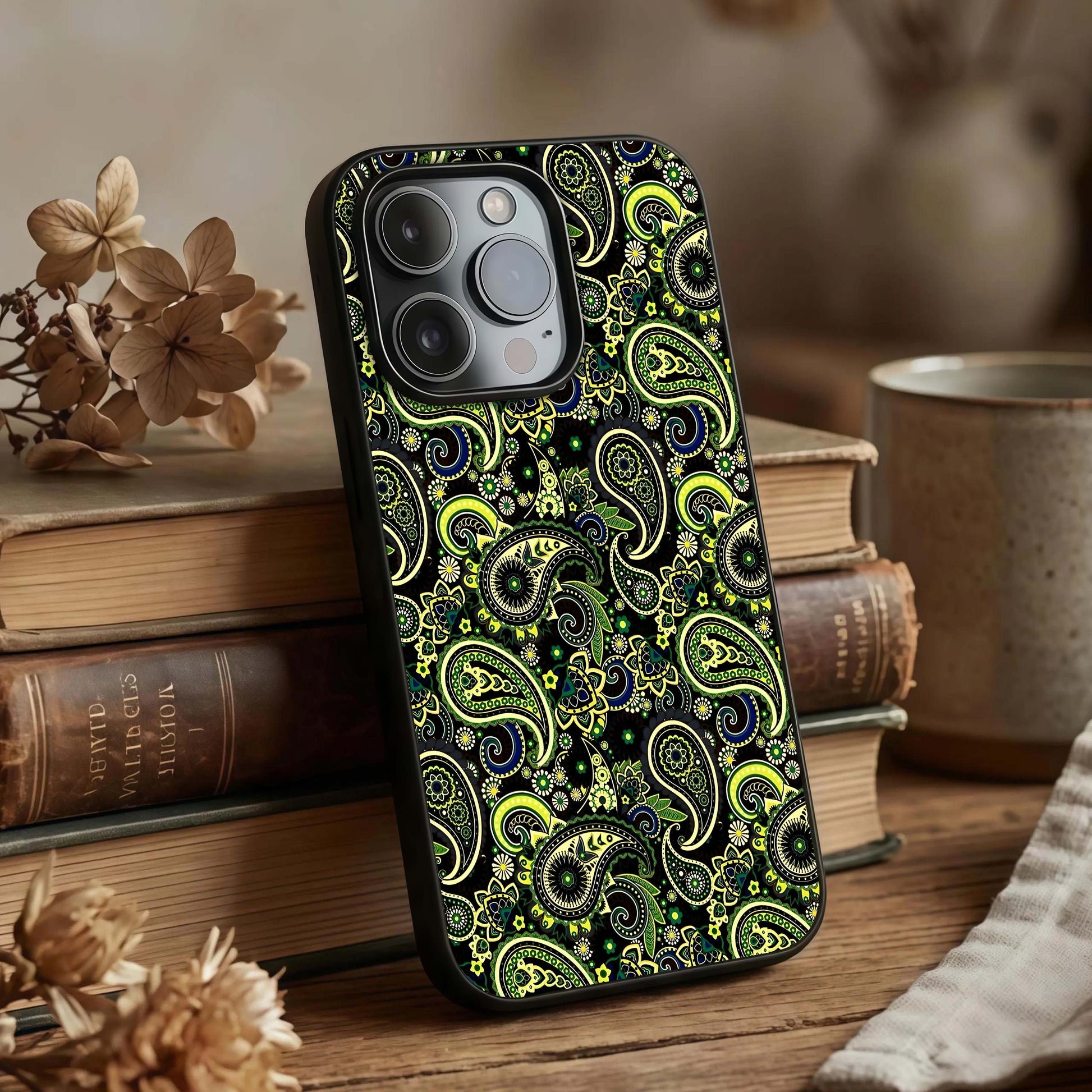 Green Mandala Pattern Glass Case displayed upright for centered pattern visibility and premium finish.