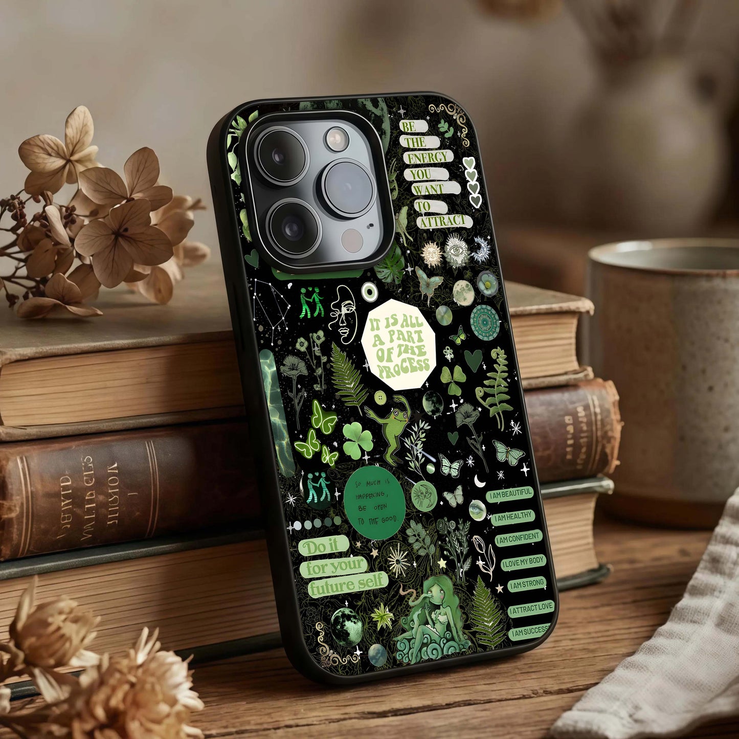 Green Moon Energy Glass Case displayed upright for celestial energy visibility and premium finish.