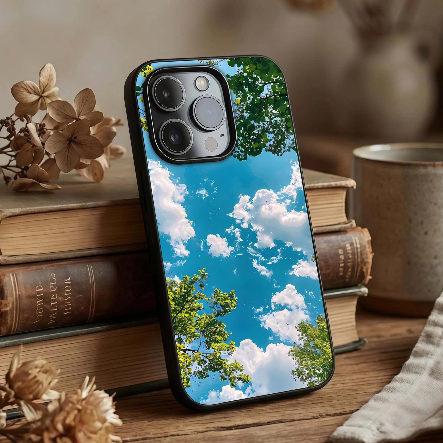 Greenery Sky Glass Case displayed upright for calm nature visibility and premium finish.