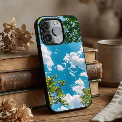 Greenery Sky Glass Case displayed upright for calm nature visibility and premium finish.