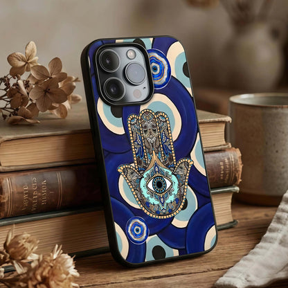 Hamsa Divine Guard Glass Case displayed upright for spiritual protection visibility and premium finish.