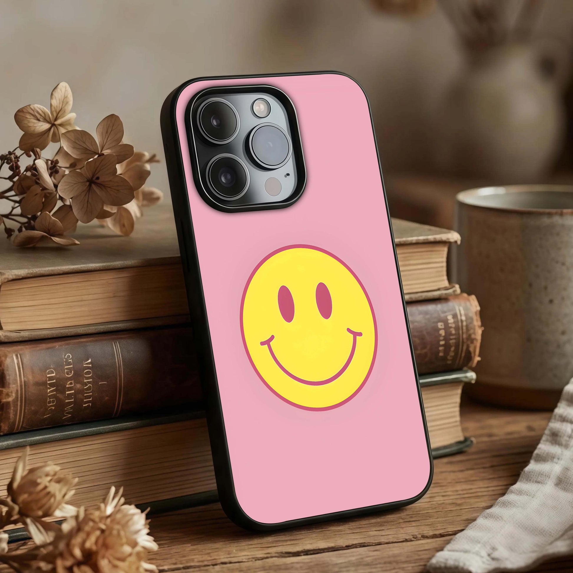 Happy Pink Mood Glass Case displayed upright for cheerful mood visibility and premium finish.