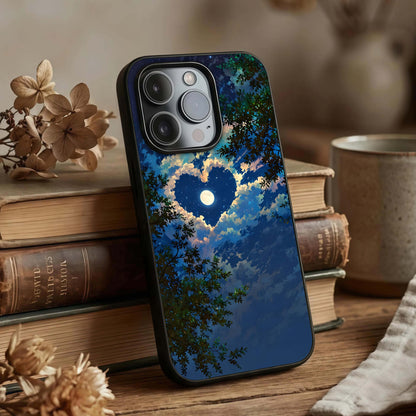 Heart with Moon Sky Glass Case displayed upright for romantic celestial visibility and premium finish.