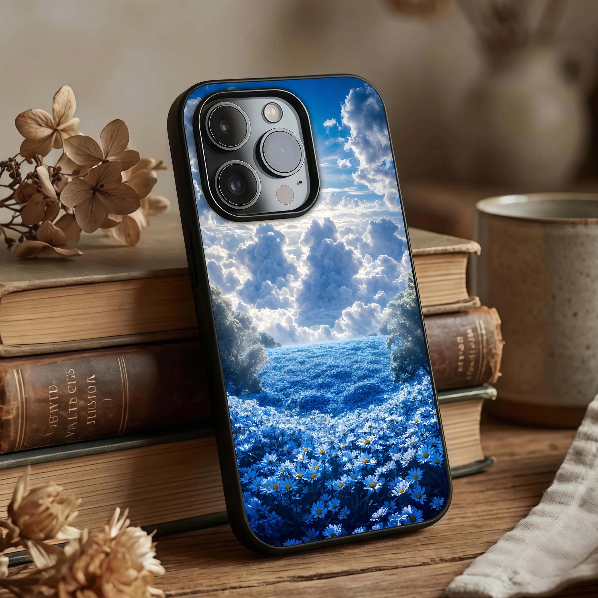 Heavenly Daisy Horizon Glass Case displayed upright for gentle floral visibility and premium finish.