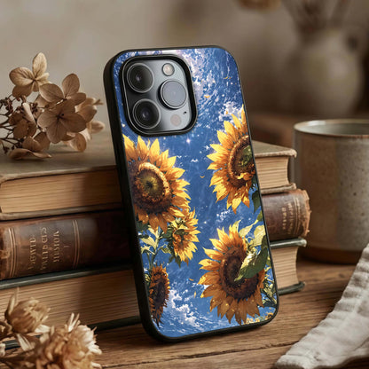 Heavenly Sunflower Rise Glass Case displayed upright for radiant floral visibility and premium finish.