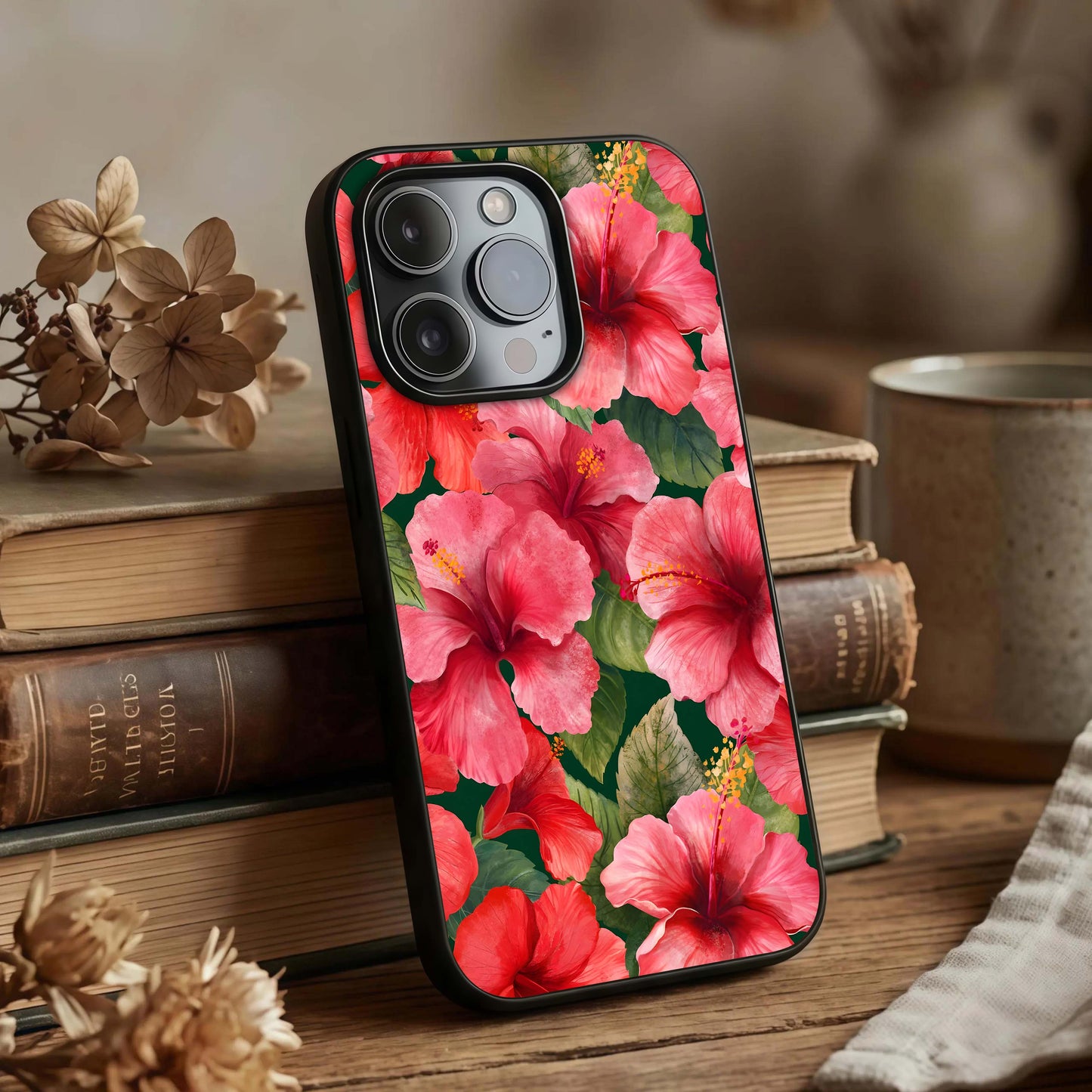 Hibiscus Pattern Glass Case displayed upright for bold floral visibility and premium finish.