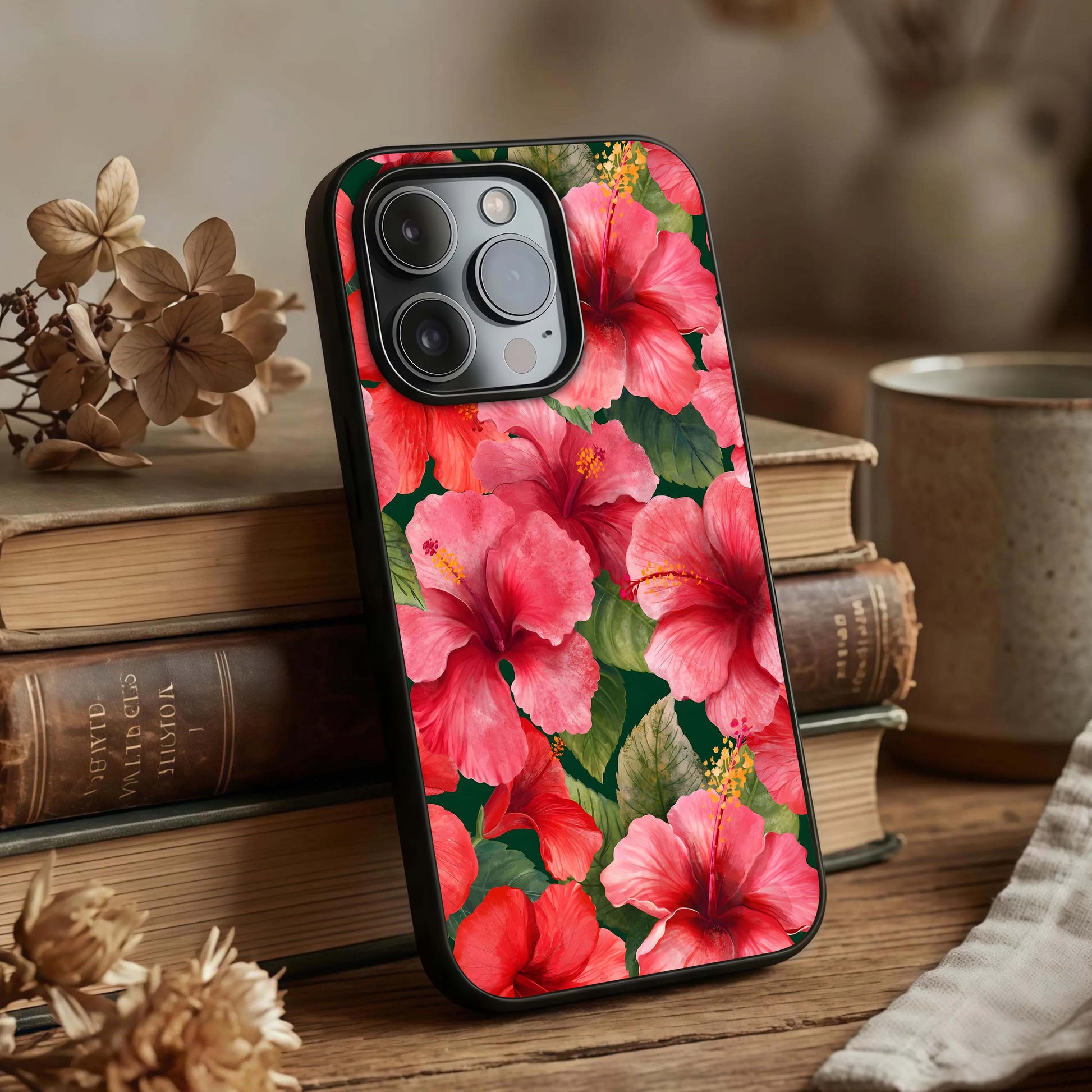 Hibiscus Pattern Glass Case displayed upright for bold floral visibility and premium finish.