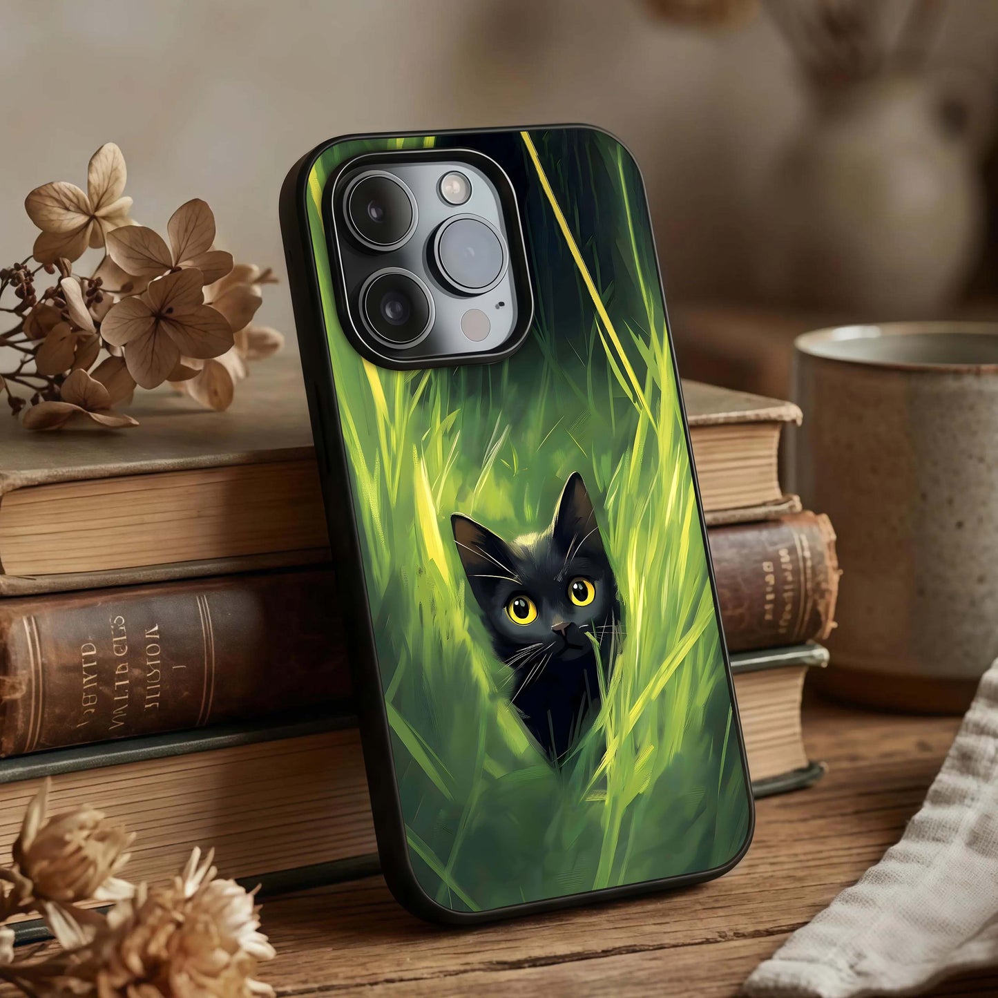 Hidden Cat Whisper Glass Case displayed upright for mysterious design visibility and premium finish.