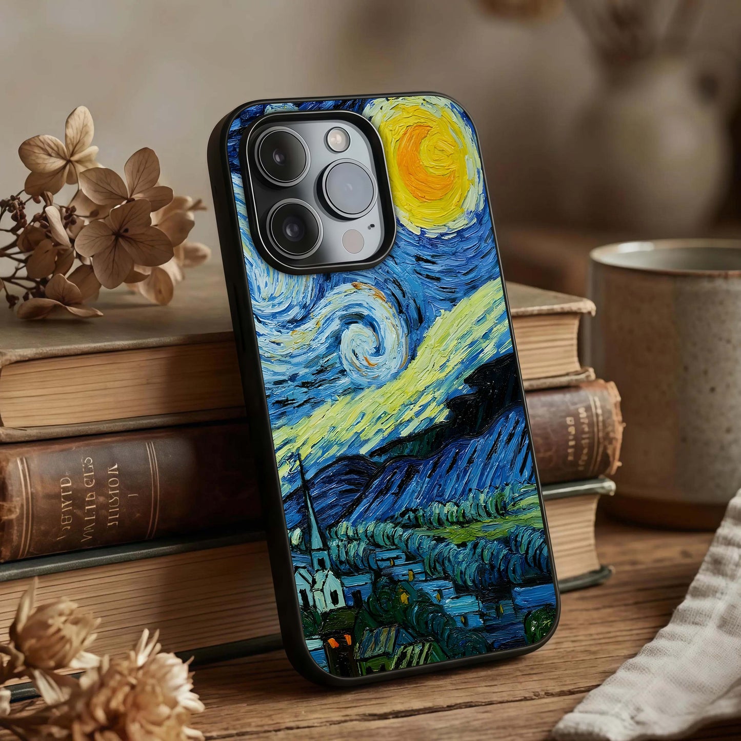 Inspired Van Gogh Art Glass Case displayed upright for artistic visibility and premium finish.