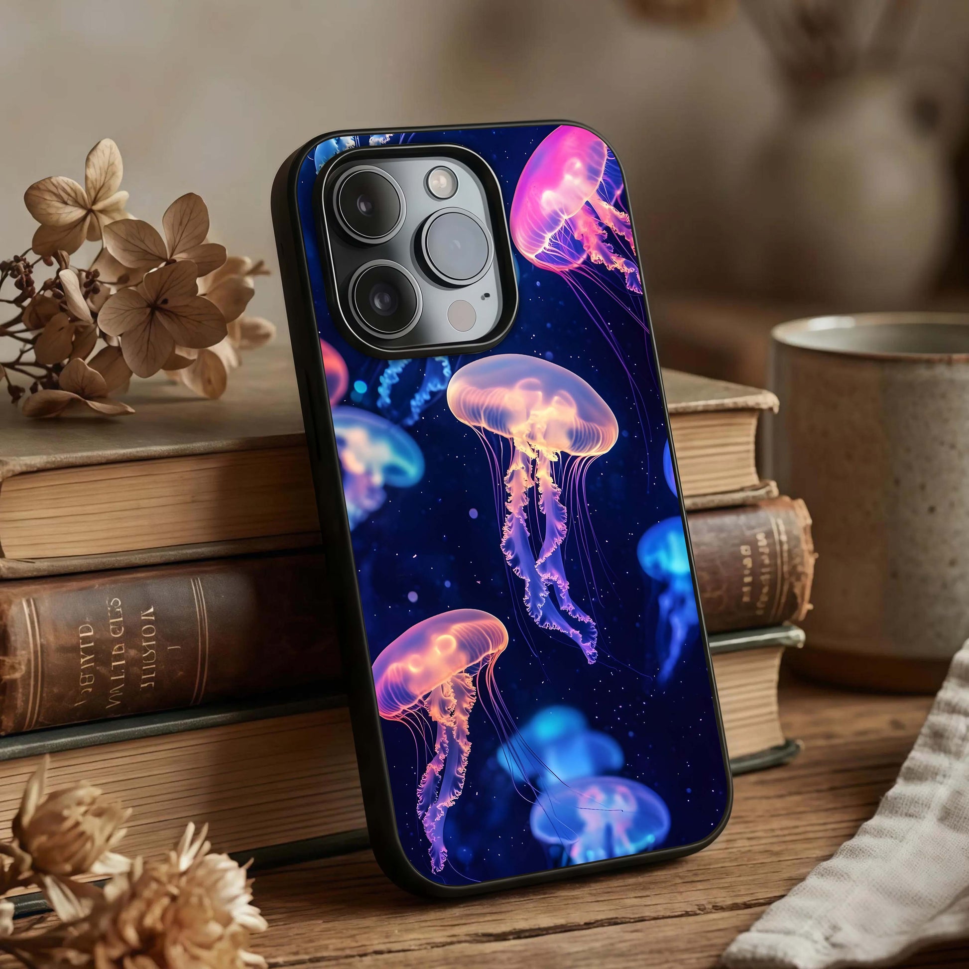 Jellyfish Pattern Glass Case displayed upright for aquatic visibility and premium finish.