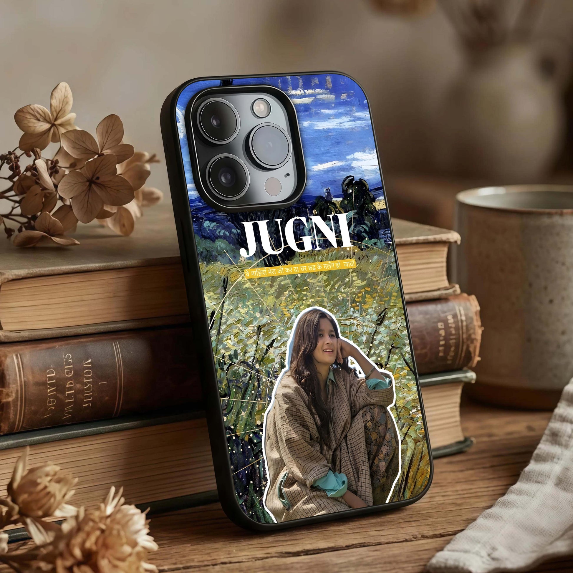 Jugni Soul Vibes Glass Case displayed upright for cultural design visibility and premium finish.